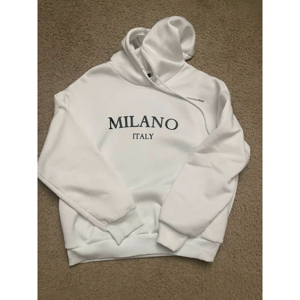 Women’s SHEIN White Milano Italy Graphic Pullover Hoodie – Size Medium